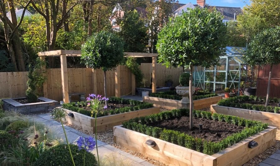 Raised Beds, Pathways, Shrubs, Trees, Fencing